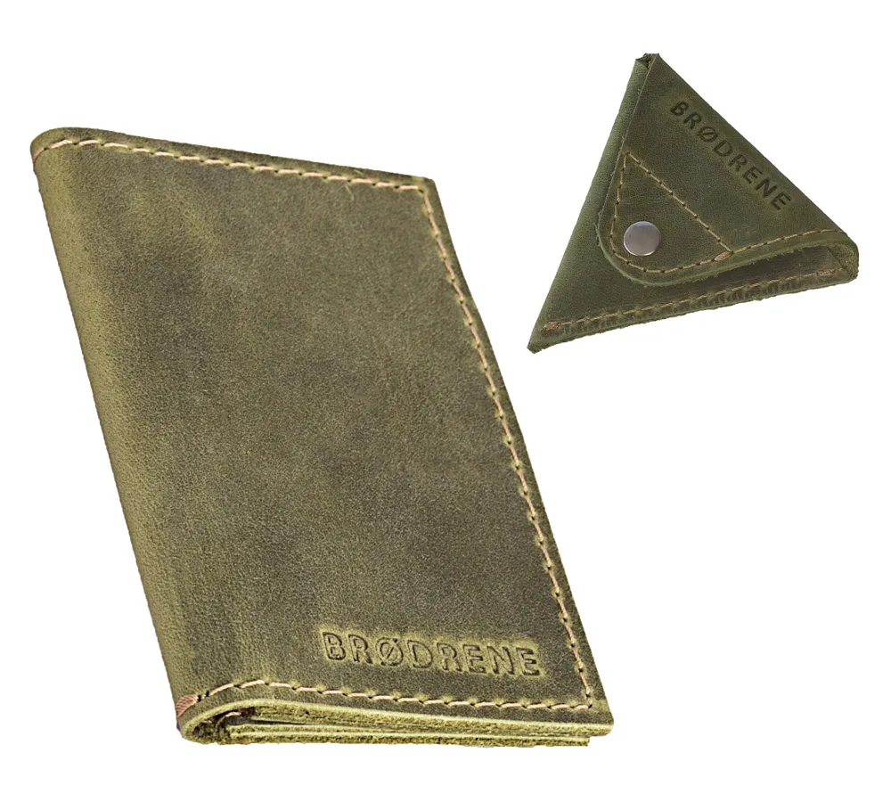 Skórzany Cienki Portfel Slim Wallet Brodrene + Bilonówka SW03+CW - oliwkowy