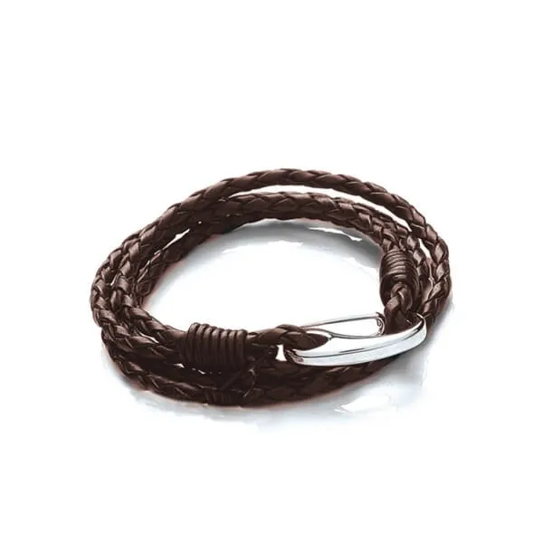 Brązowa bransoletka męska pleciona ze skóry naturalnej T758-2