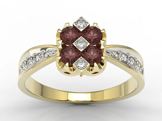 Pierścionek z żółtego złota z granatem i diamentami model JP-56Z-R