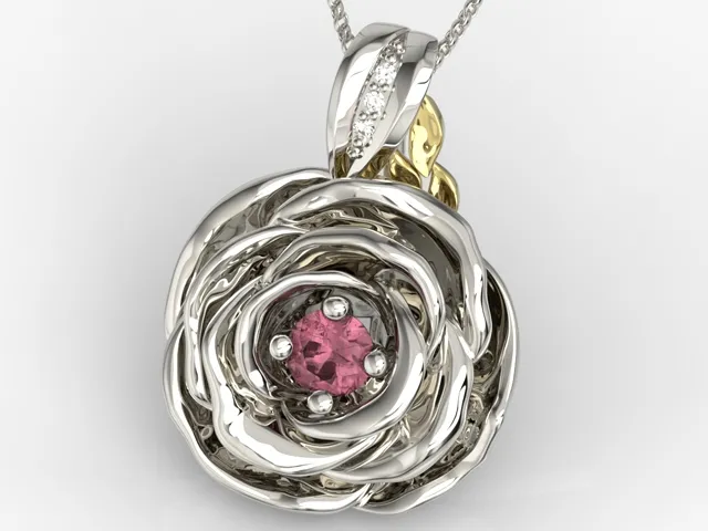 Wisiorek z białego i żółtego złota w kształcie róży z rubinem i diamentami APW-95BZ