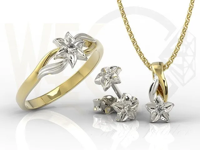 Komplet - Pierścionek, kolczyki i wisiorek z żółtego i białego złota z diamentem BP-14ZB/BP-15ZB ZESTAW