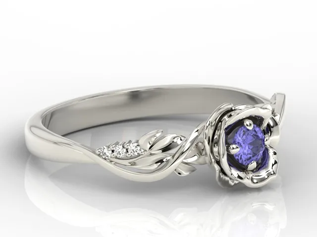 Pierścionek złoty w kształcie róży z tanzanitem i brylantami LP-7715B