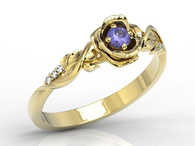 Pierścionek złoty w kształcie róży z tanzanitem i brylantami LP-7715Z