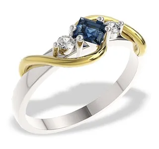 Pierścionek z białego i żółtego złota z szafirem i diamentami, LP-32B