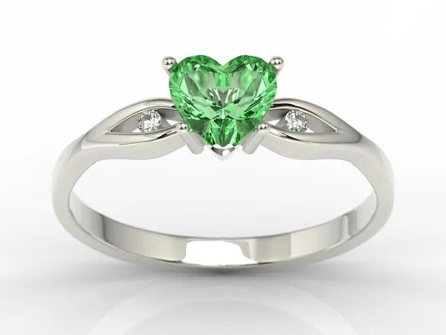 Pierścionek z białego złota z zielonym topazem w kształcie serca i diamentami LP-71B