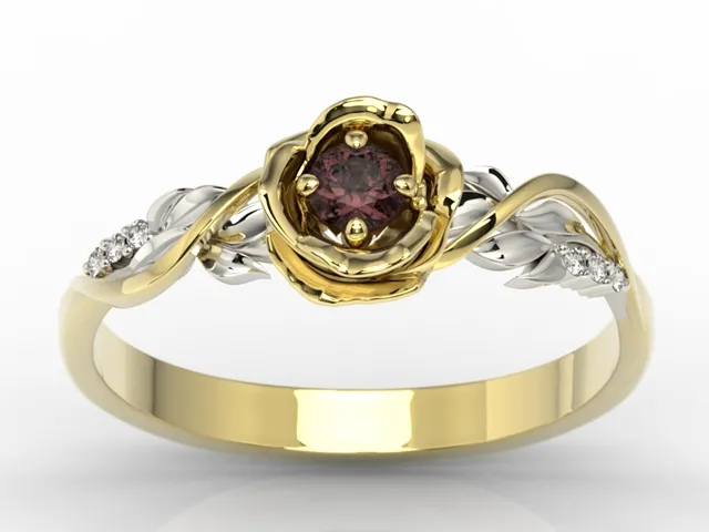 Pierścionek złoty w kształcie róży z granatem i brylantami LP-7715ZB