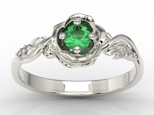 Pierścionek z białego złota w kształcie róży ze szmaragdem i brylantami LP-7730B