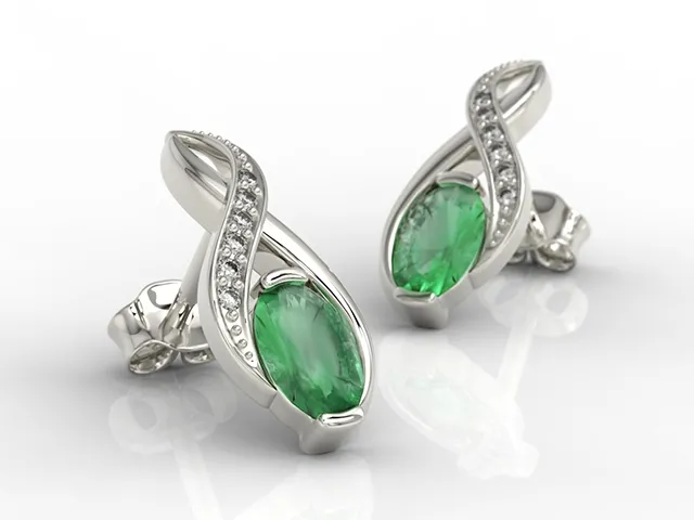Kolczyki z białego złota na sztyfcie ze szmaragdami i brylantami APK-69B-SZT
