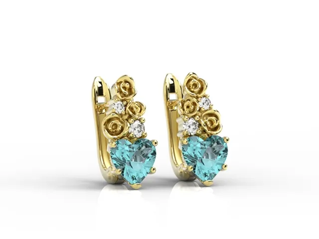 Kolczyki z żółtego złota z topazami niebieskimi w kształcie serca i diamentami APK-53Z