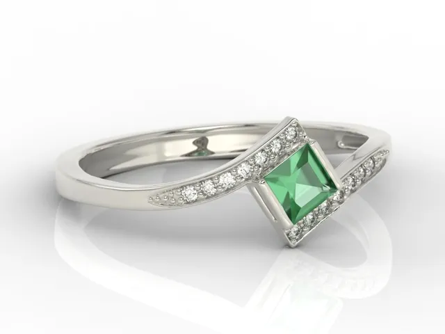 Pierścionek z białego złota ze szmaragdem i diamentami LP-46B