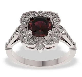 Pierścionek z białego złota z granatem i diamentami JP-99B