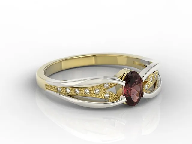 Pierścionek z żółtego i białego złota z granatem i diamentami LP-39ZB