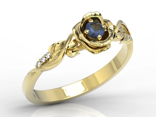Pierścionek z żółtego złota w kształcie róży z szafirem i diamentami LP-7715Z