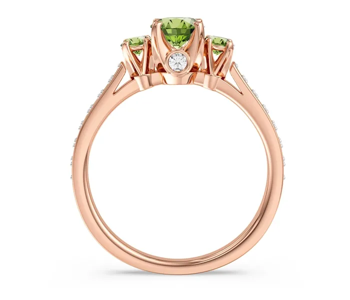 Pierścionek z różowego złota z oliwinami i brylantami CP-31P