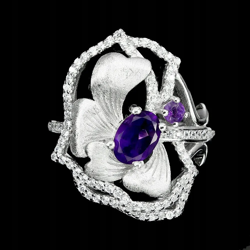 Srebrny pierścionek naturalne ametysty r 15 kwiat