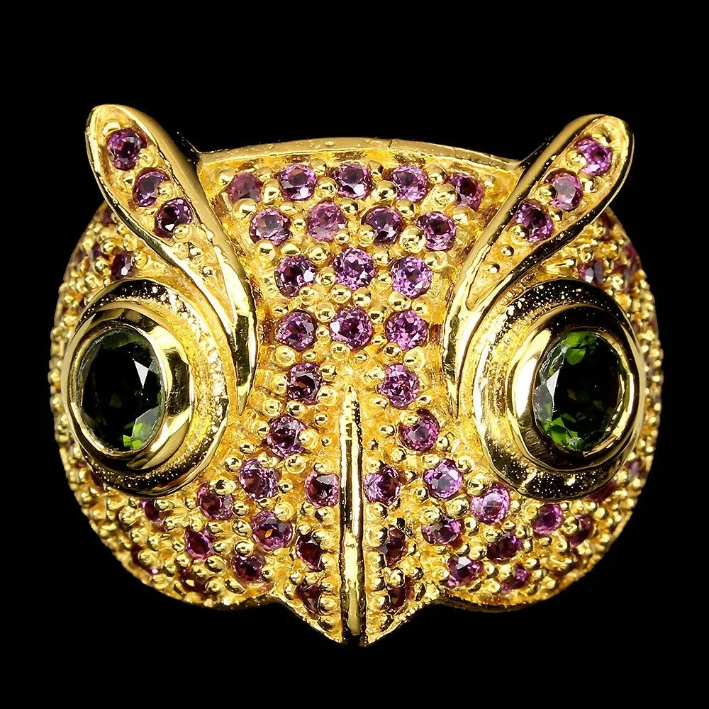 Pierścionek sowa 925 granaty diopsydy r 15 natural