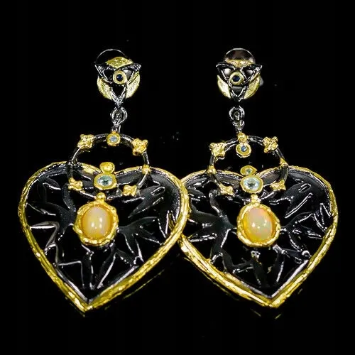 Artystyczne kolczyki opale topazy szafiry serca 3