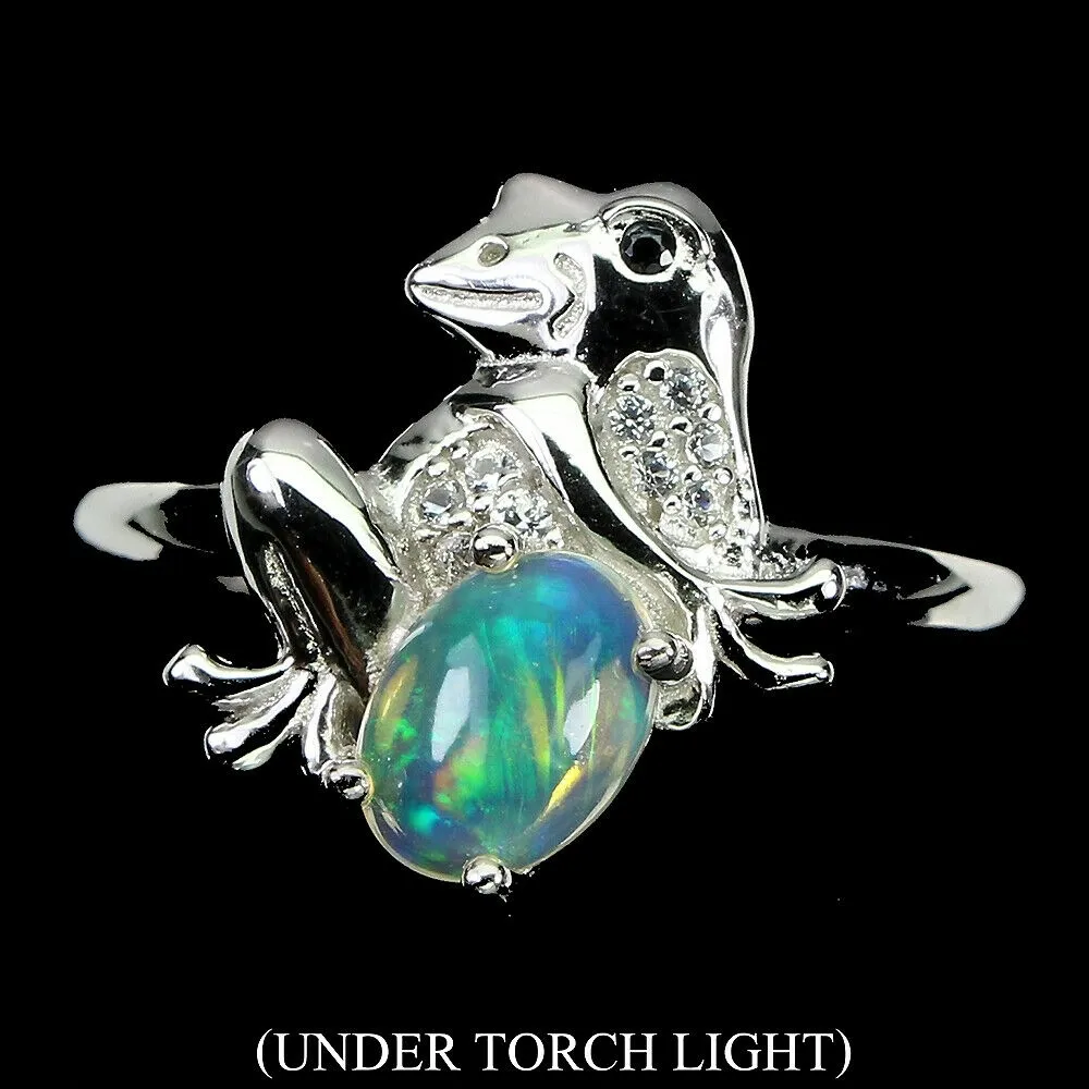 Pierścionek naturalny opal białe topazy żaba r 14