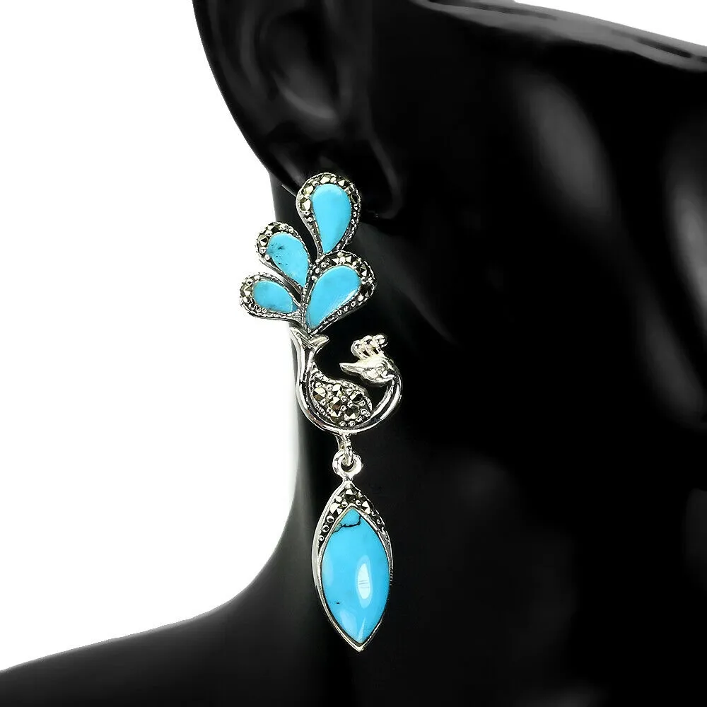 4 Kolczyki srebro naturalne turkusy markazyty ptak