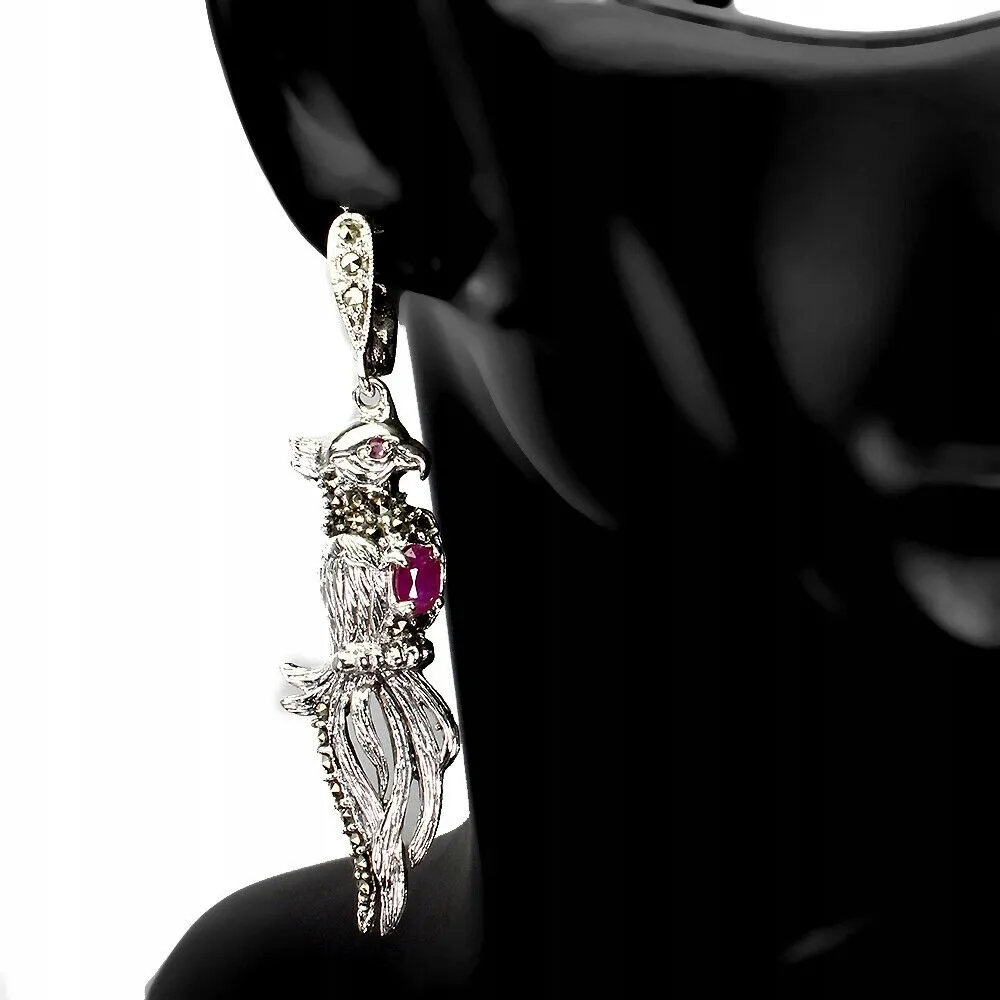 Kolczyki naturalne rubiny markazyty srebro ptaki 5