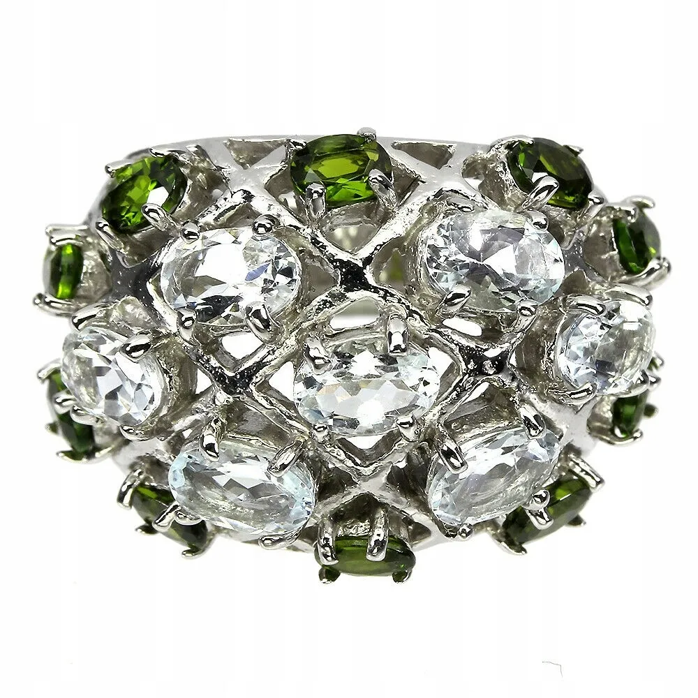 Pierścionek naturalne akwamaryny diopsydy r 13.5