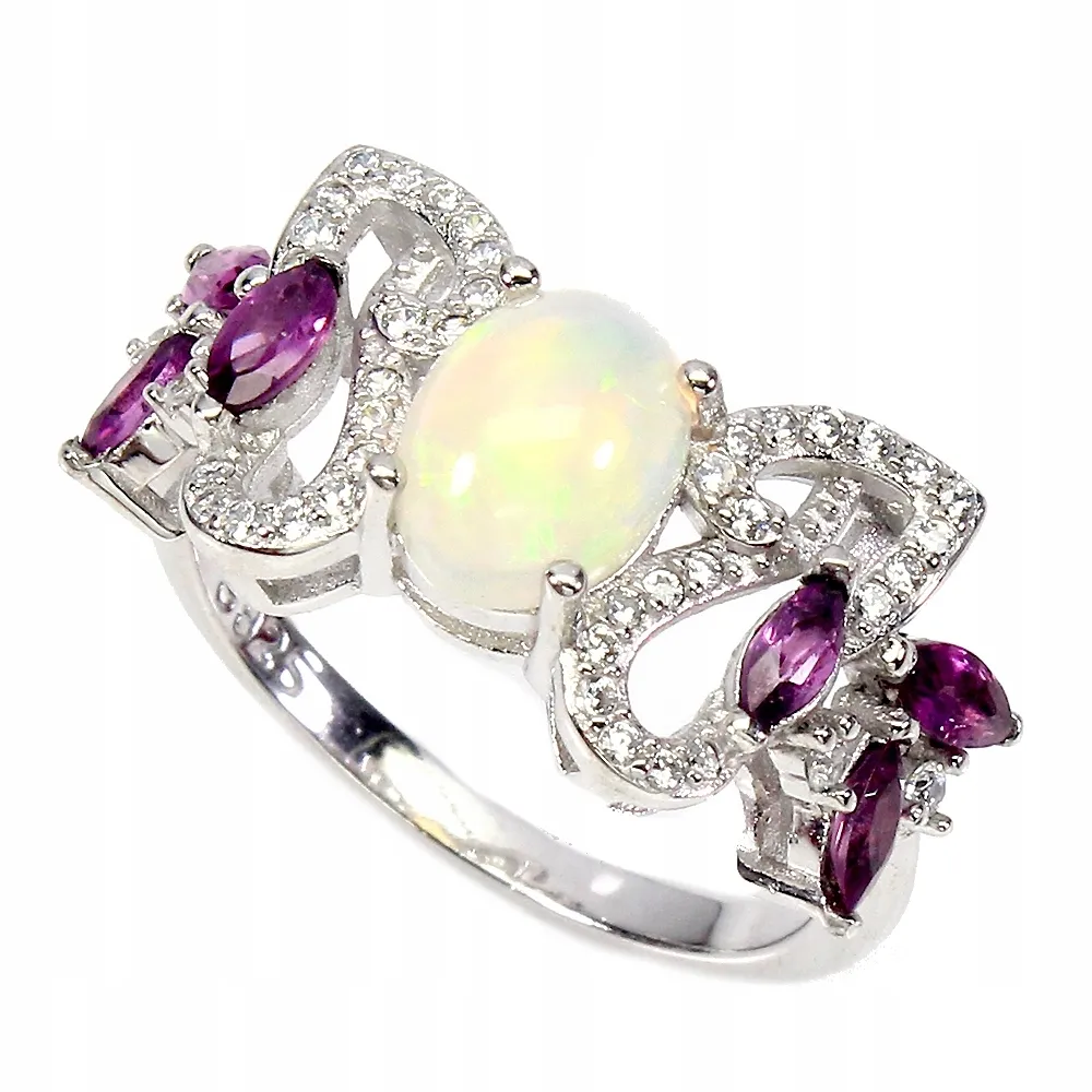Pierścionek naturalny opal ognisty granaty r 14.5
