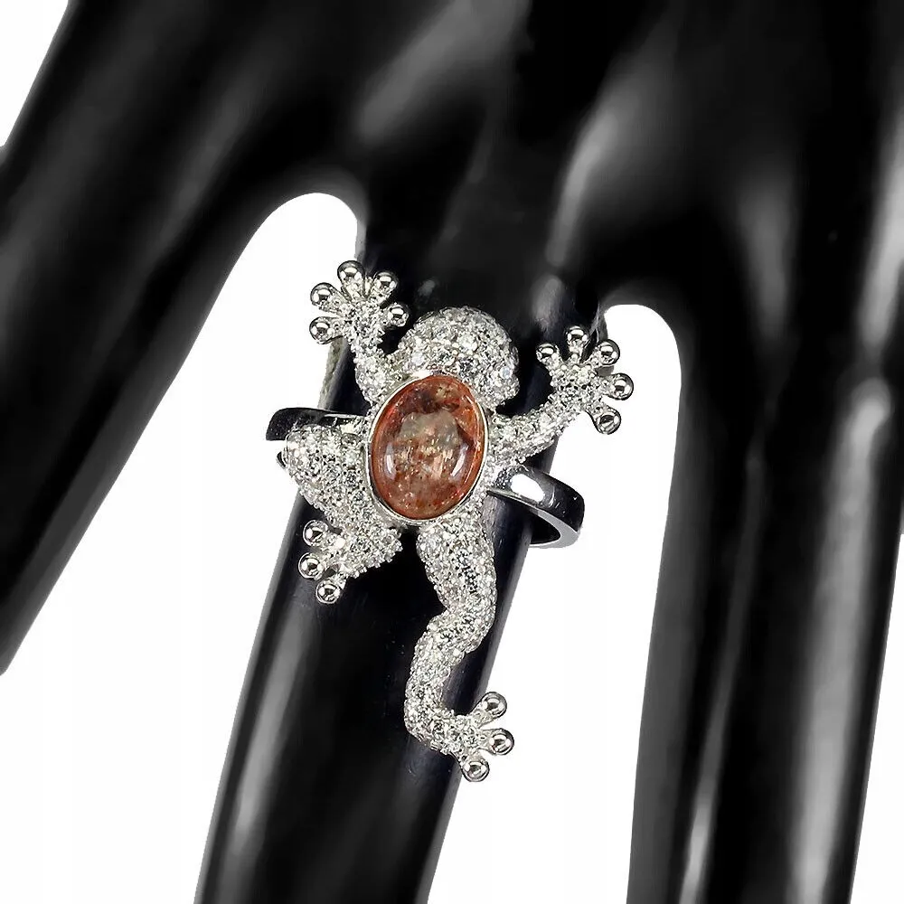 925 Srebrny pierścionek kamień słoneczny żaba r 12