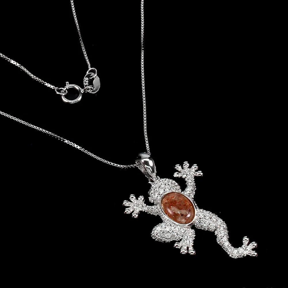 Srebrny naszyjnik żaba naturalny kamień słoneczny