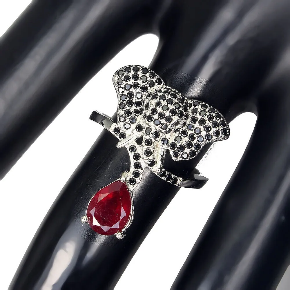 925 Pierścionek rubin czarne spinele r 14 słoń