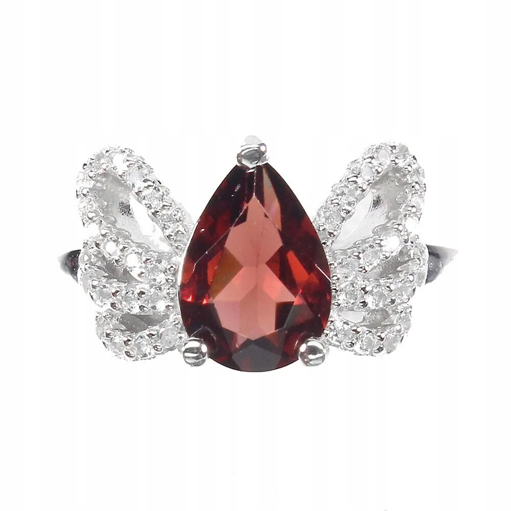 Pierścionek r 14 naturalny granat delikatny motyl