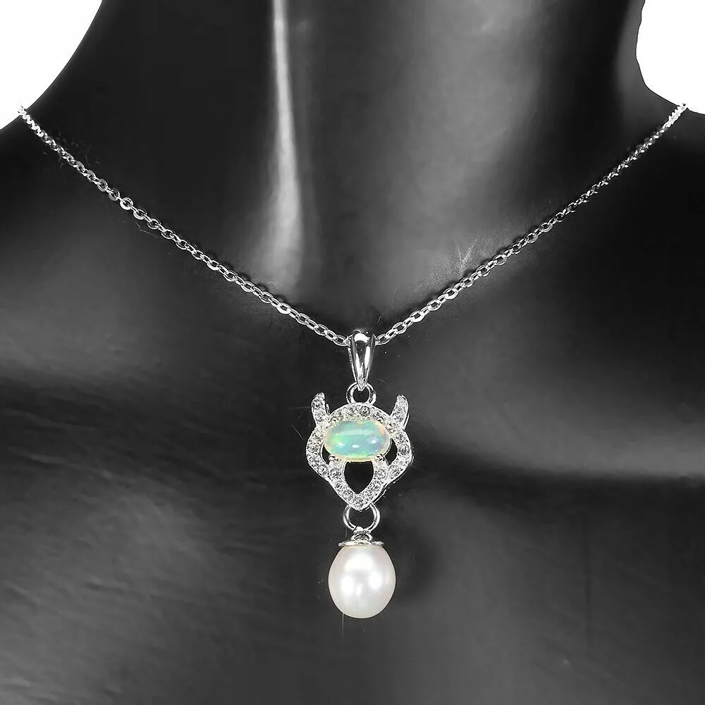 Naszyjnik ognisty opal perła białe topaz delikatny