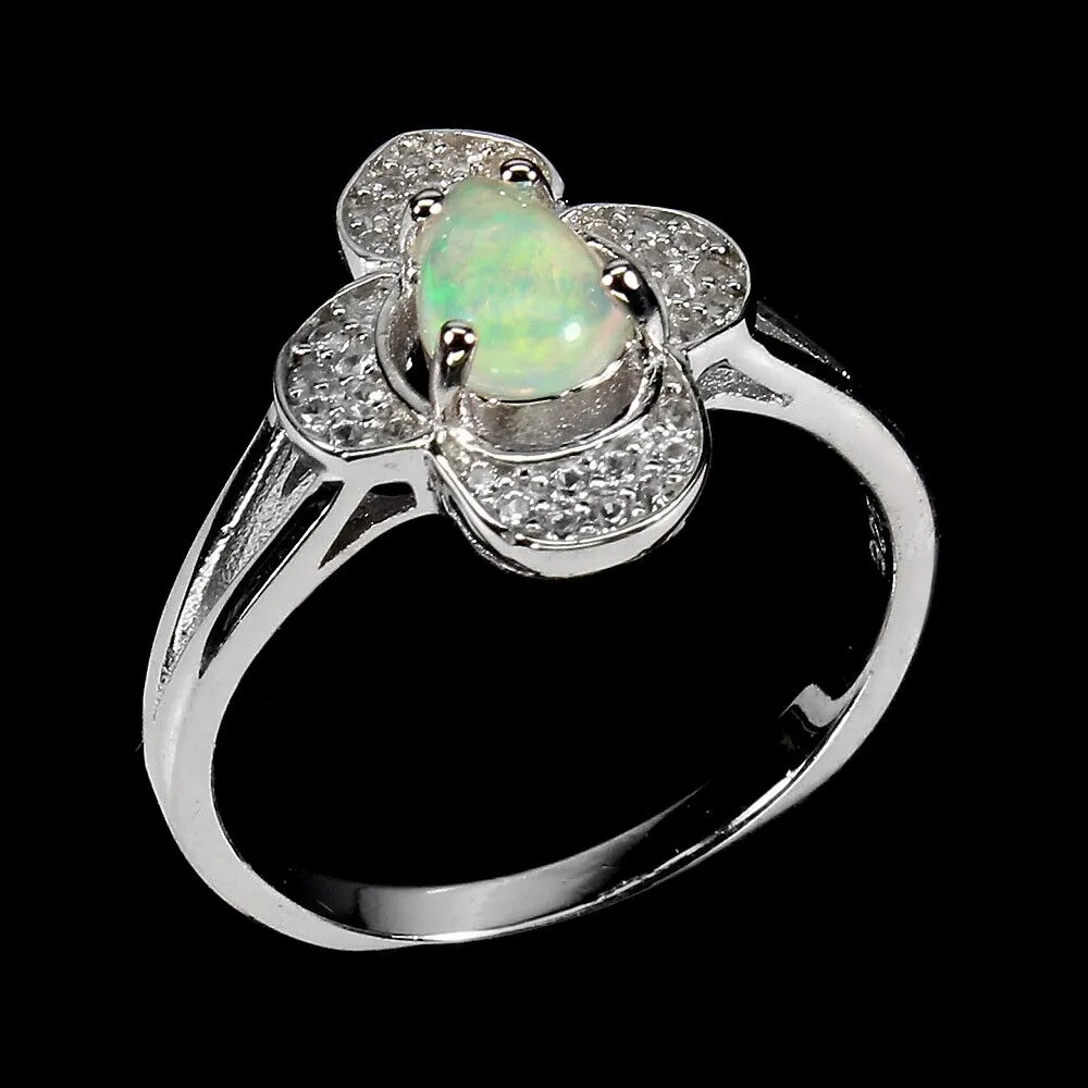 925 Pierścionek delikatny opal białe topazy r 15