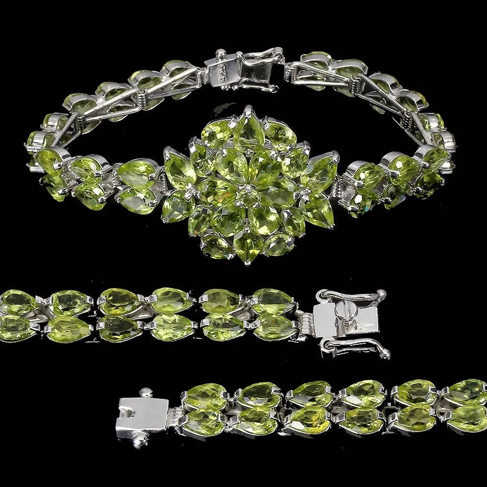 Piękna srebrna bransoletka naturalne oliwiny 925