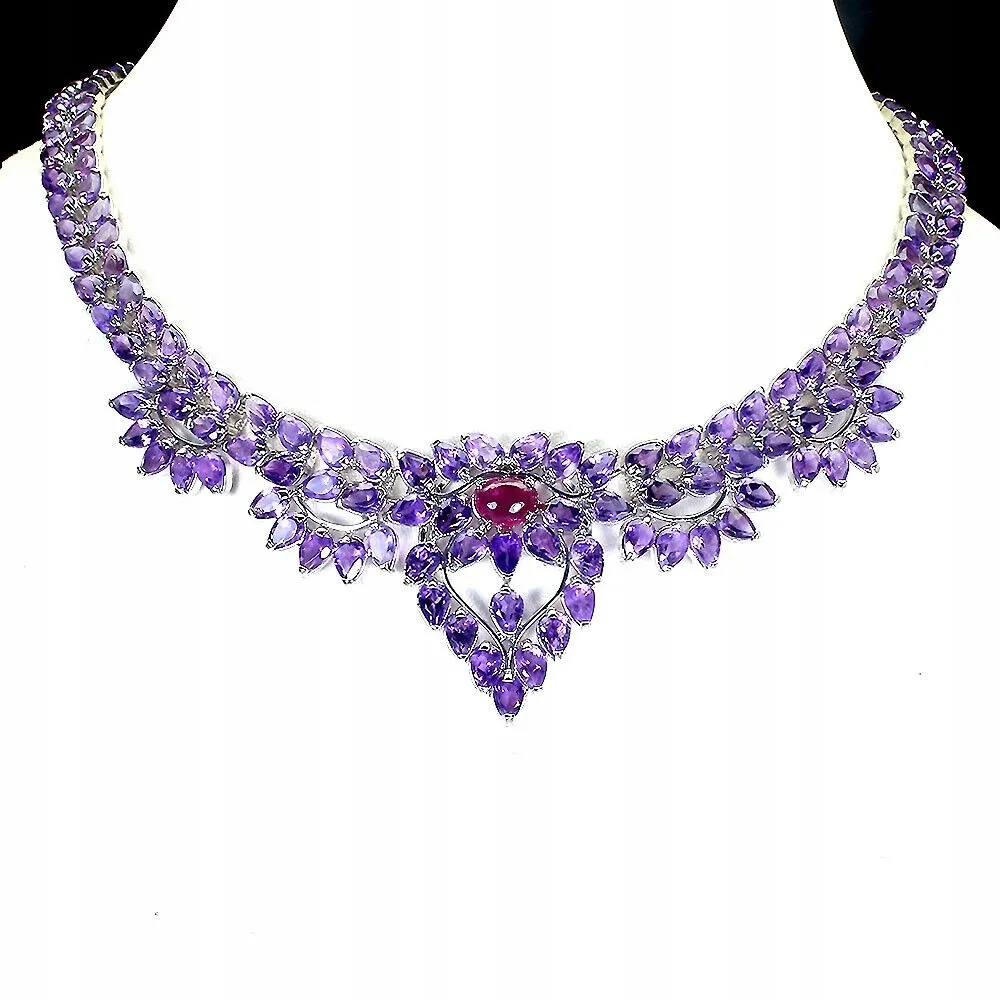 Srebrny piękny naszyjnik naturalne ametysty rubin