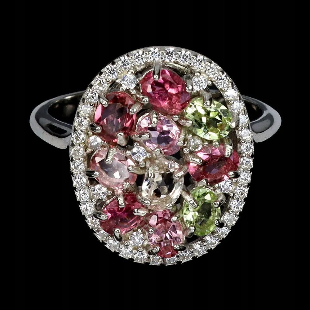 925 Piękny srebrny pierścionek r 17 naturalne turmaliny cyrkonie