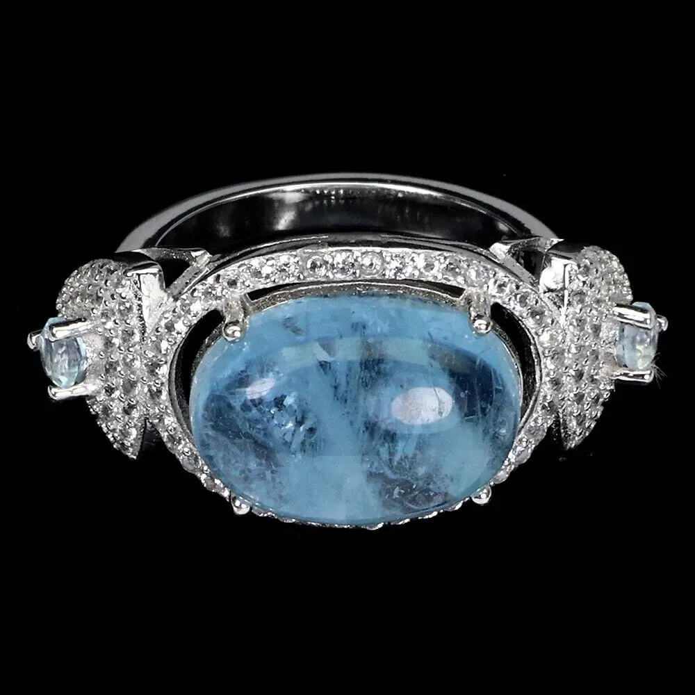 Piękny pierścionek r 13 naturalny akwamaryn białe topazy