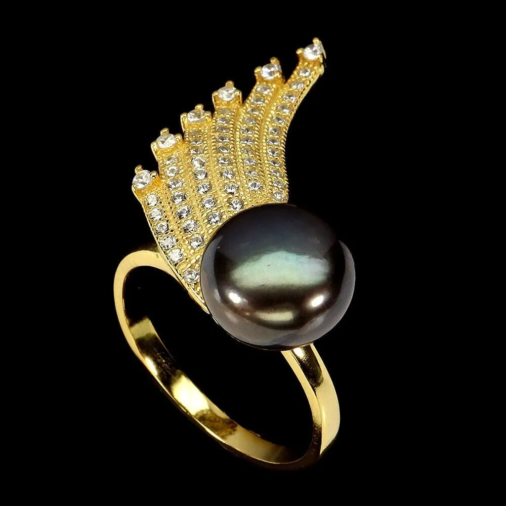 Pierścionek delikatny naturalna czarna perła cyrkonie skrzydło r 14