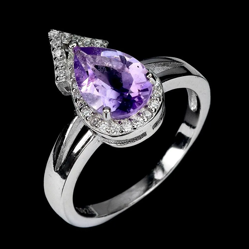 Delikatny pierścionek 925 r 12 naturalny ametyst cyrkonie