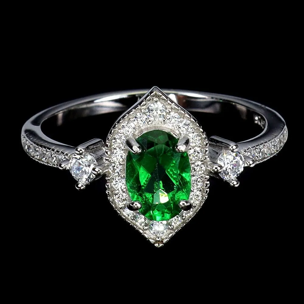 Pierścionek srebrny delikatny zielony topaz cyrkonie r 12