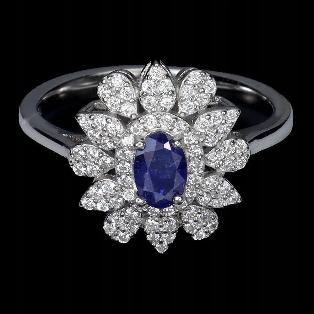 925 Delikatny pierścionek naturalny niebieski szafir cyrkonie r 17