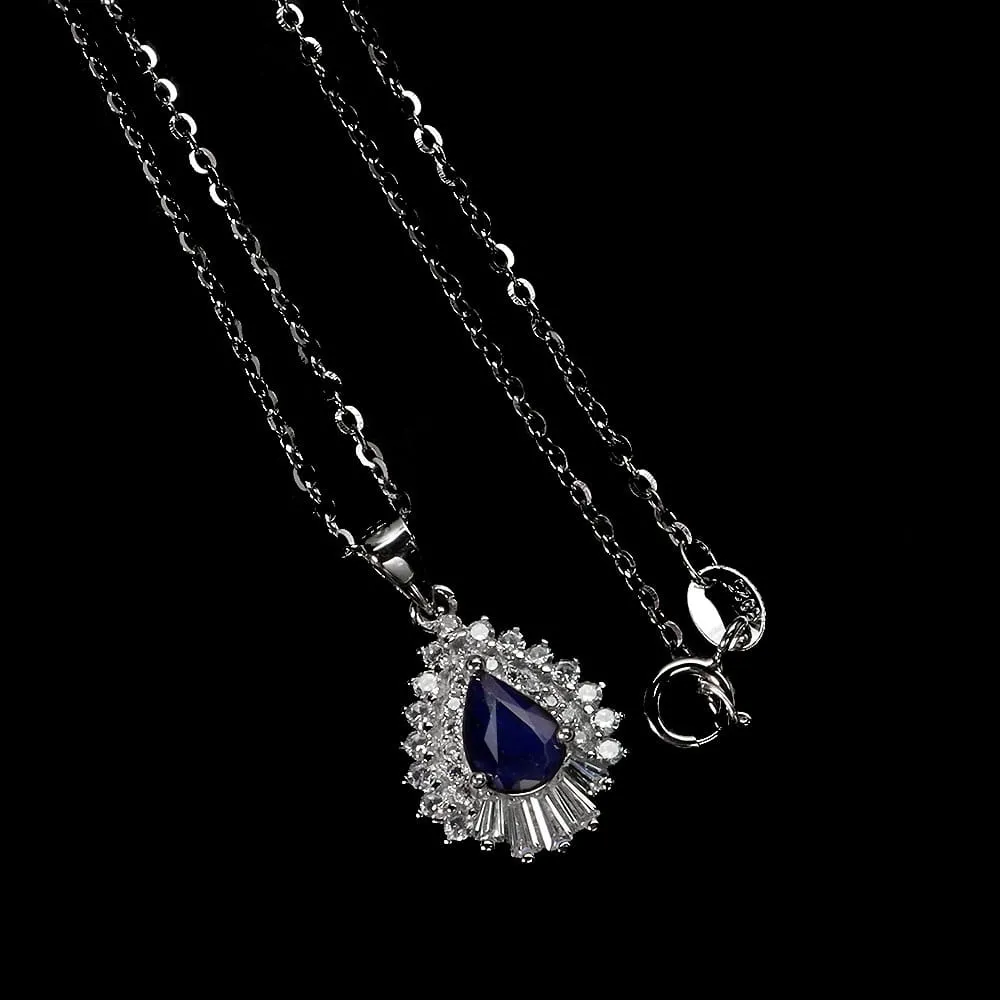 Delikatny 925 piękny srebrny naszyjnik naturalny szafir niebieski cyrkonie