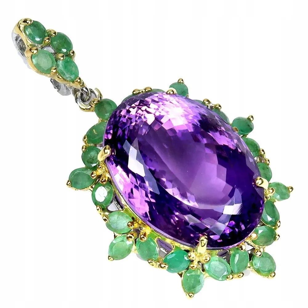 Srebrny zjawiskowy wisiorek naturalny 64ct ametyst szmaragdy