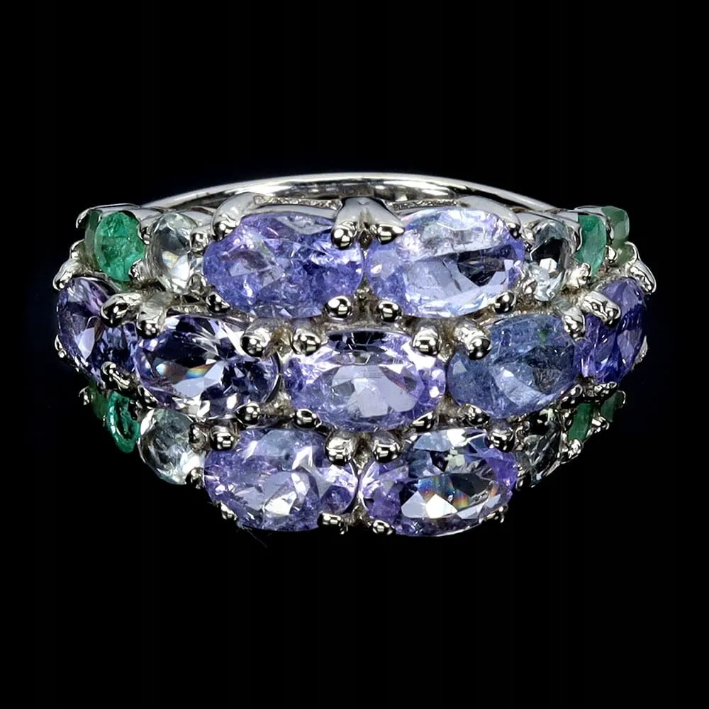 Pierścionek 925 srebrny naturalne tanzanity akwamaryny szmaragdy r 16