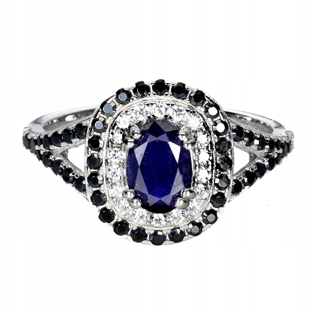 Srebrny pierścionek naturalny szafir niebieski czarne spinele r 17