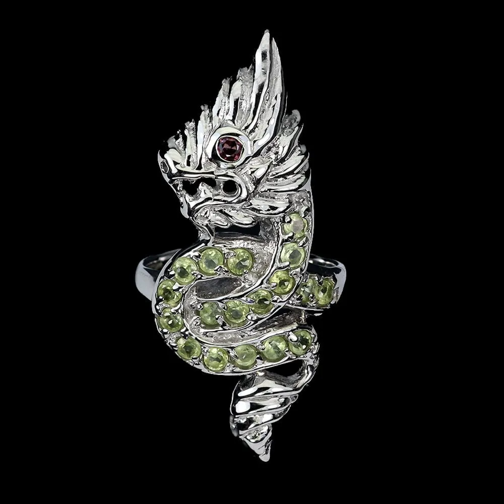 Pierścionek srebrny naturalny granat rodolit oliwiny smok r 14