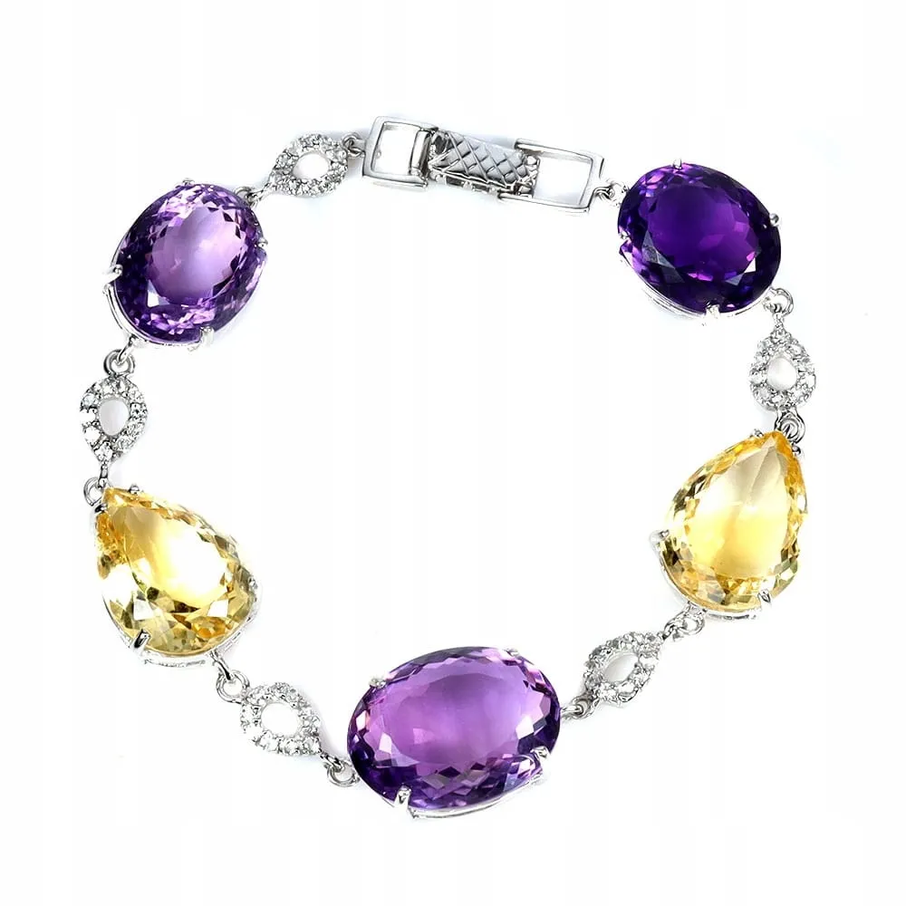Elegancka zjawiskowa bransoletka naturalne ametysty cytryny 94ct srebrna