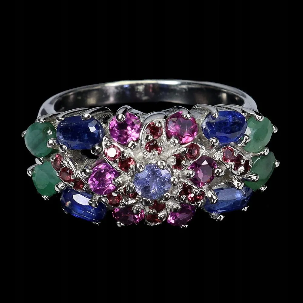 Pierścionek r 19 naturalne kianity granaty tanzanit szmaragdy 925