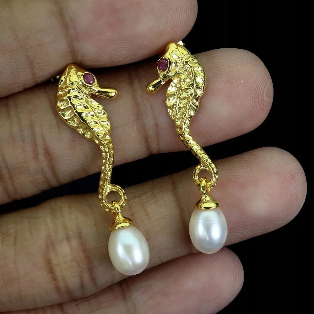 Srebrne kolczyki naturalne perły rubiny konik morski 3