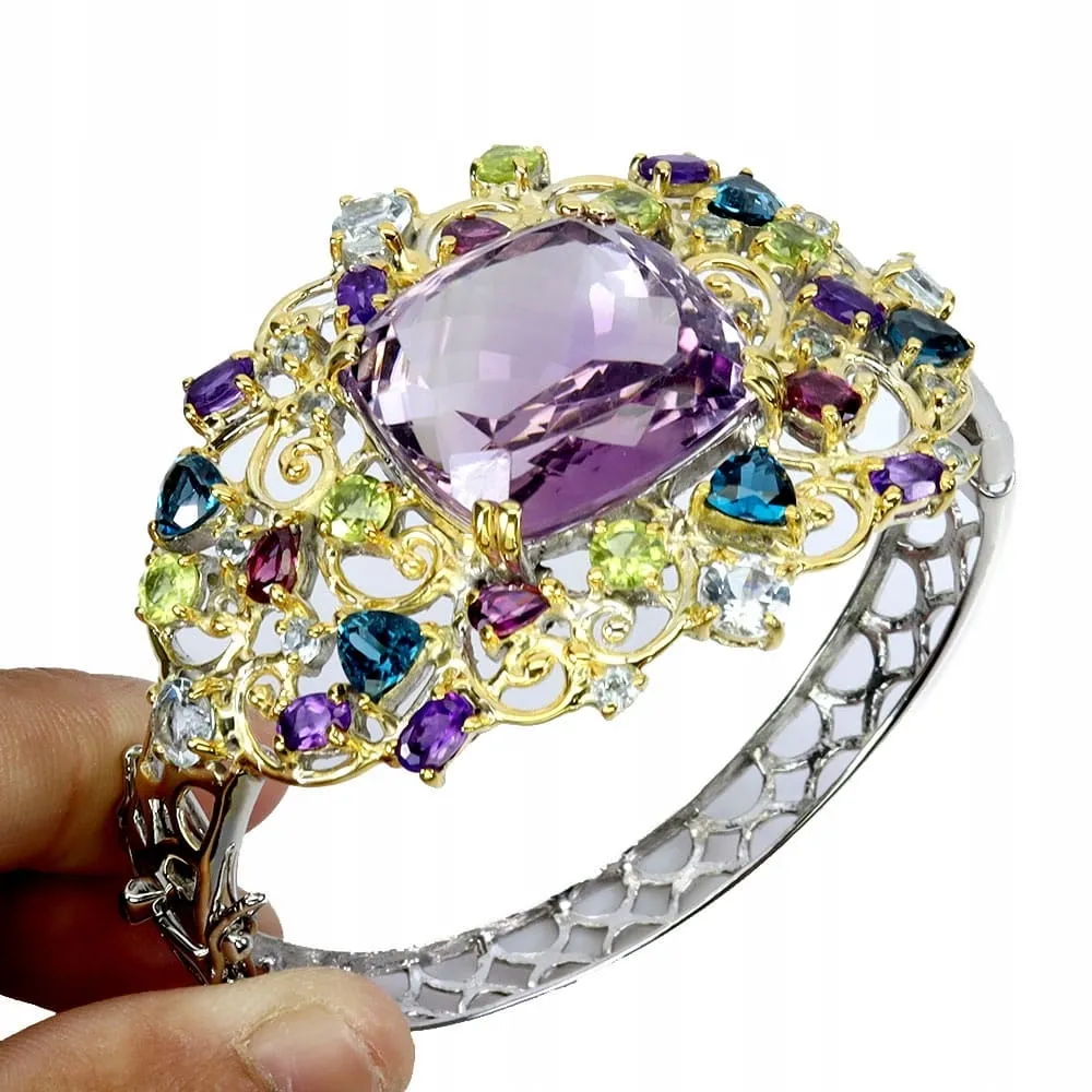 Srebro bransoletka elegancka natural ametyst 51ct topazy akwamaryny granaty