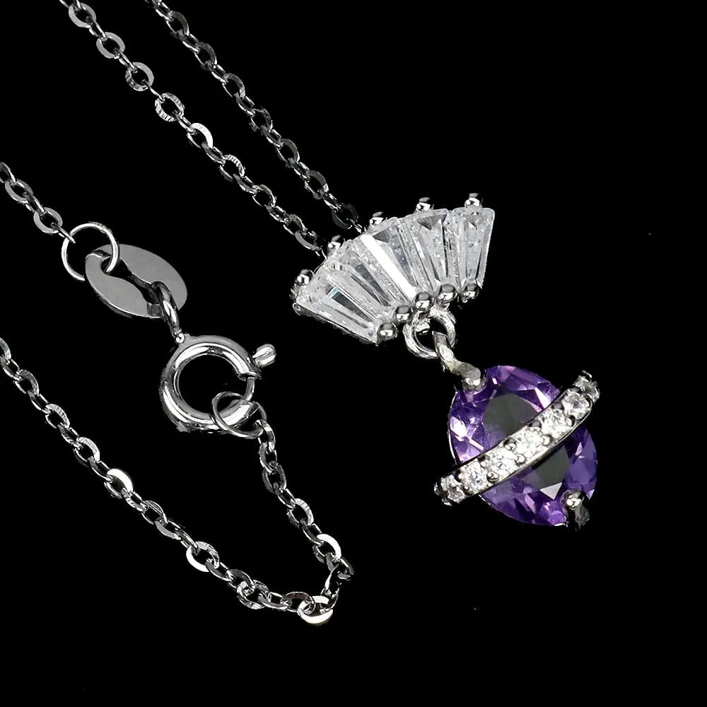 Delikatny elegancki srebrny naszyjnik cyrkonie ametyst naturalny